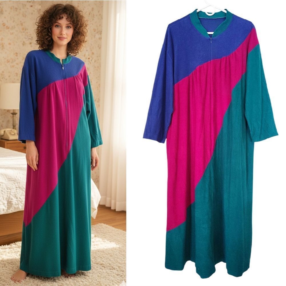 VTG 70s Vanity Fair Colorblock Maxi Caftan Robe One Size Zip Front Velour